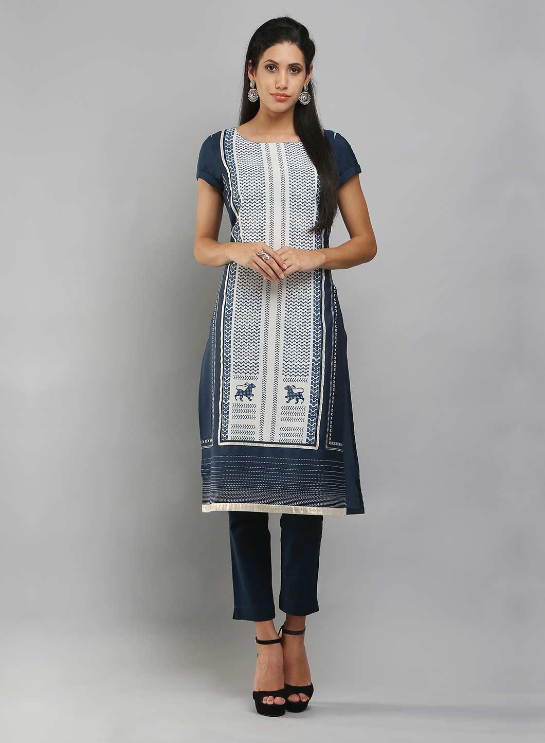 Navy &amp; White Short Sleeve Printed kurta - wforwoman