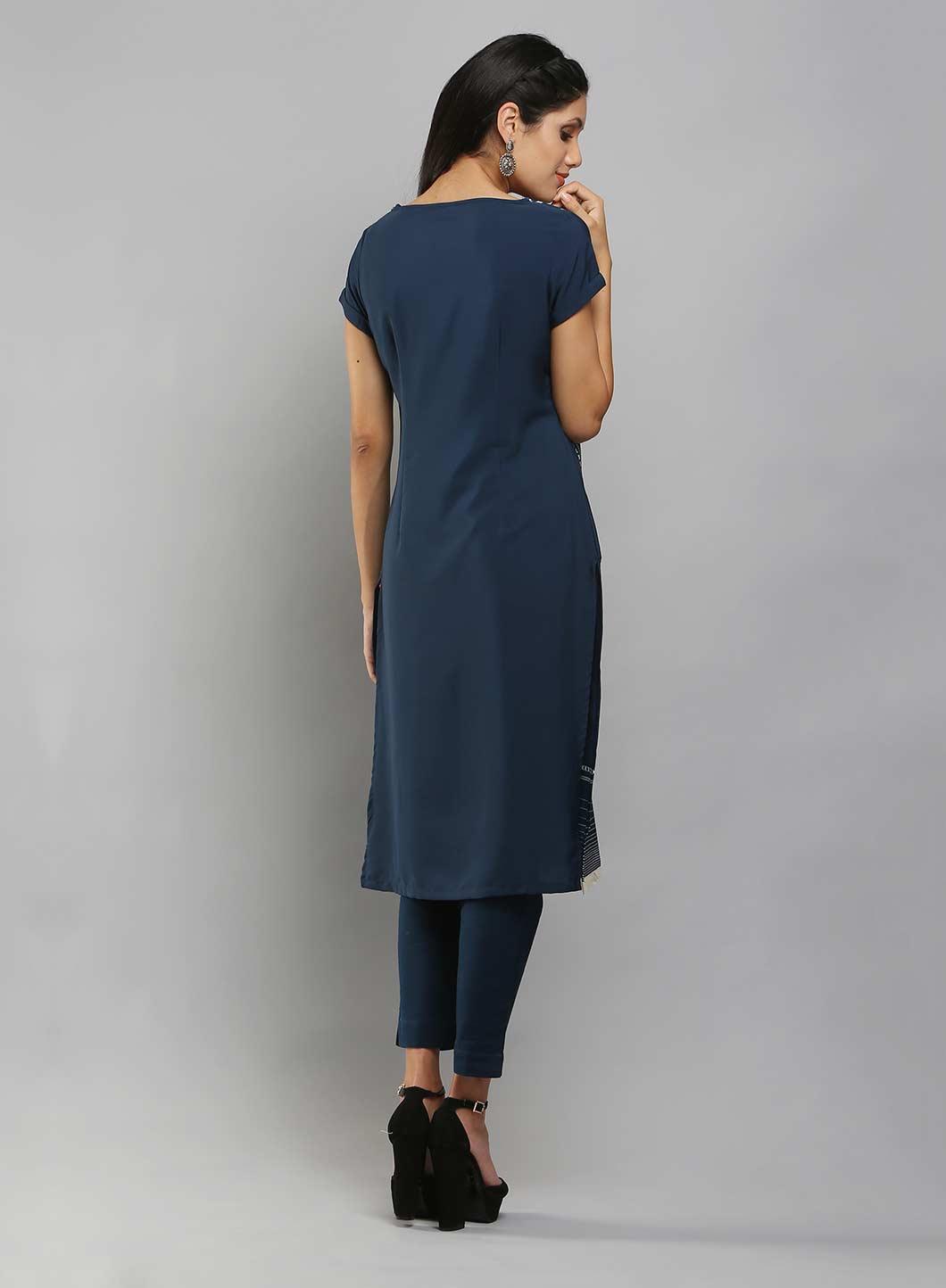 Navy &amp; White Short Sleeve Printed kurta - wforwoman