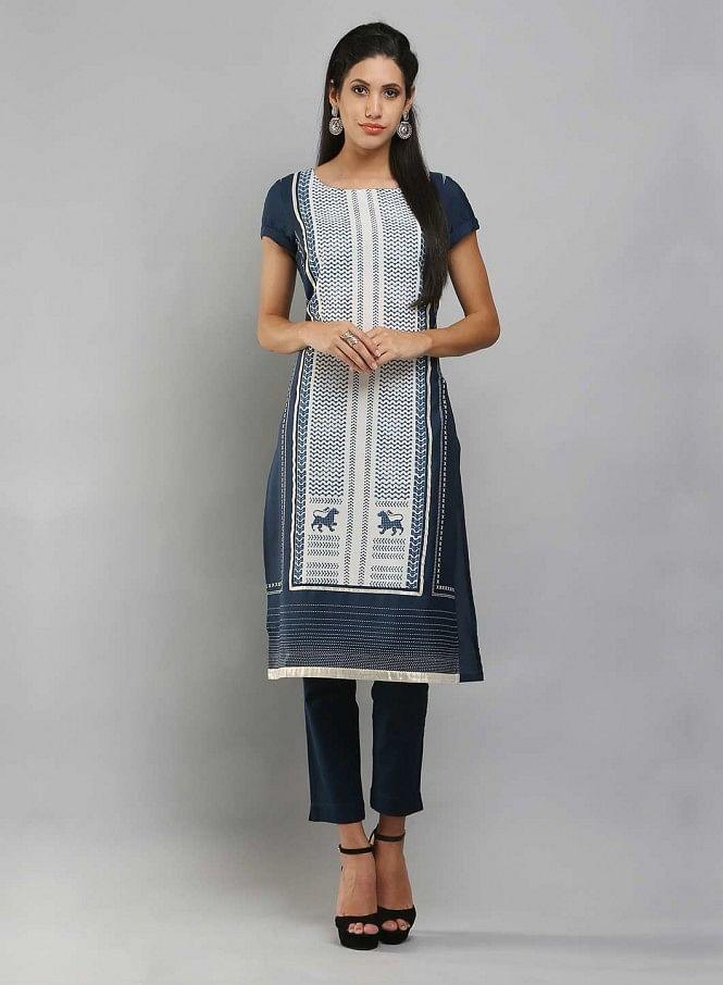 Navy &amp; White Short Sleeve Printed kurta - wforwoman