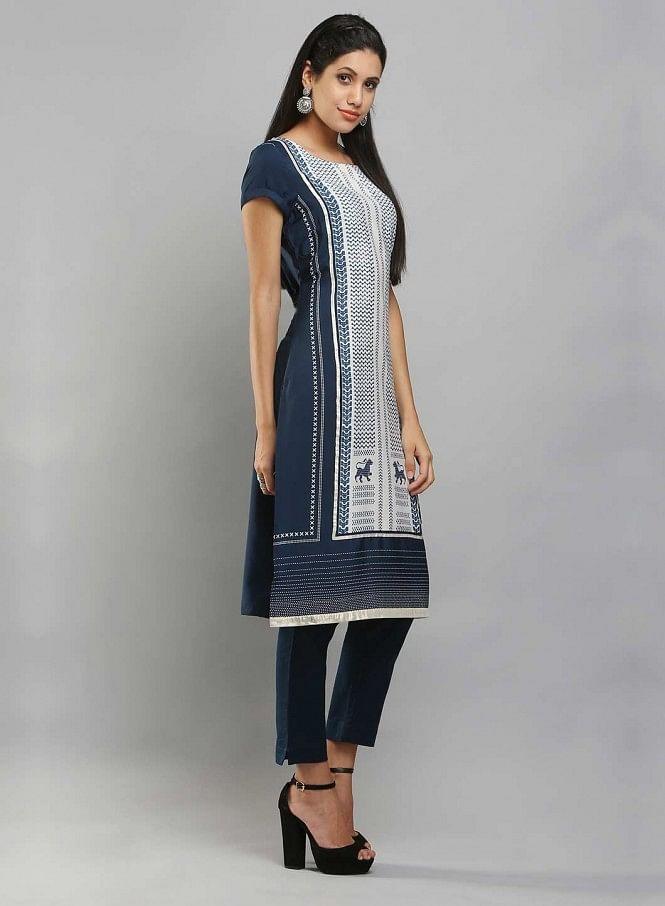 Navy &amp; White Short Sleeve Printed kurta - wforwoman