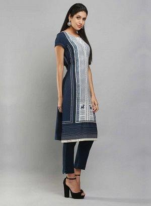 Navy &amp; White Short Sleeve Printed kurta - wforwoman