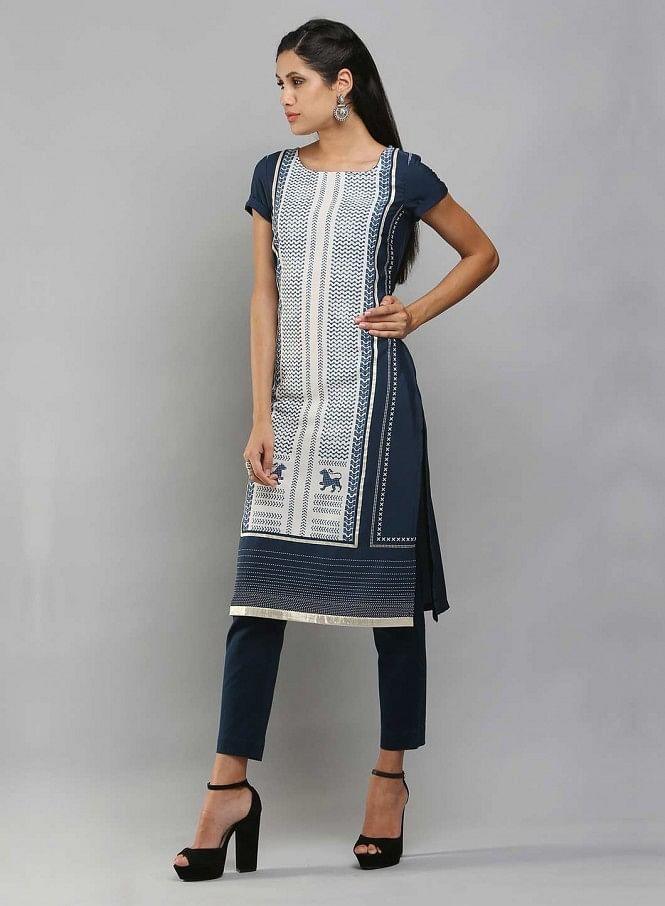 Navy &amp; White Short Sleeve Printed kurta - wforwoman