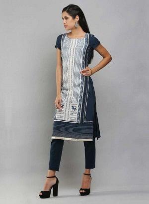 Navy &amp; White Short Sleeve Printed kurta - wforwoman