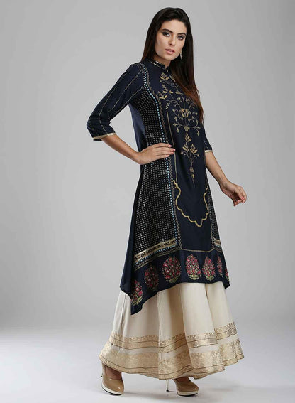 Blue Printed Mandarin Neck kurta - wforwoman