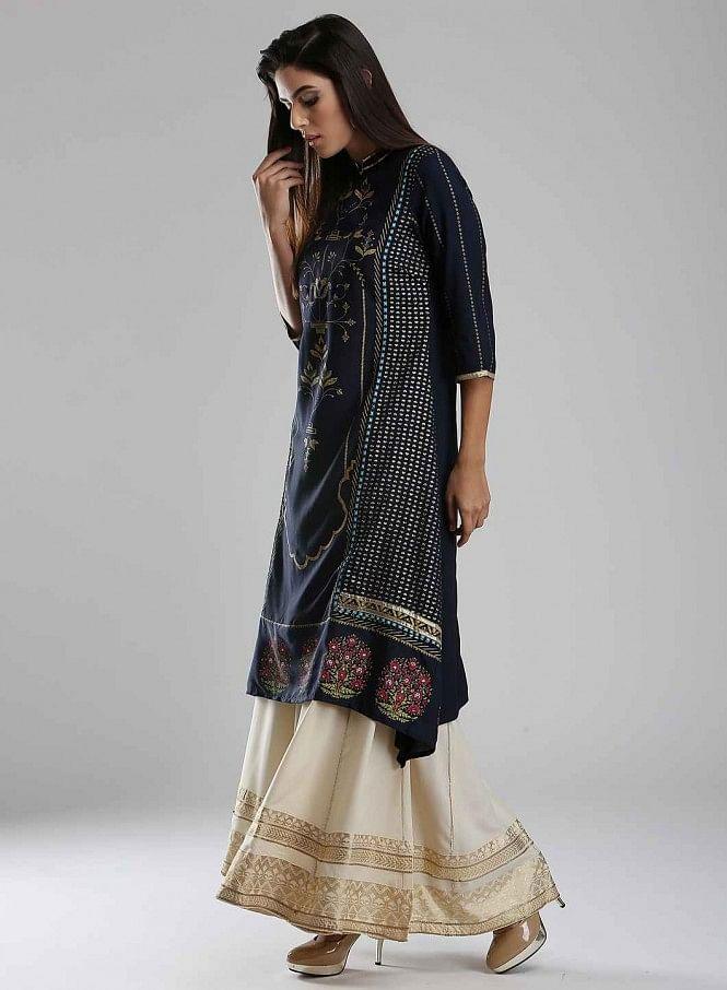 Blue Printed Mandarin Neck kurta - wforwoman