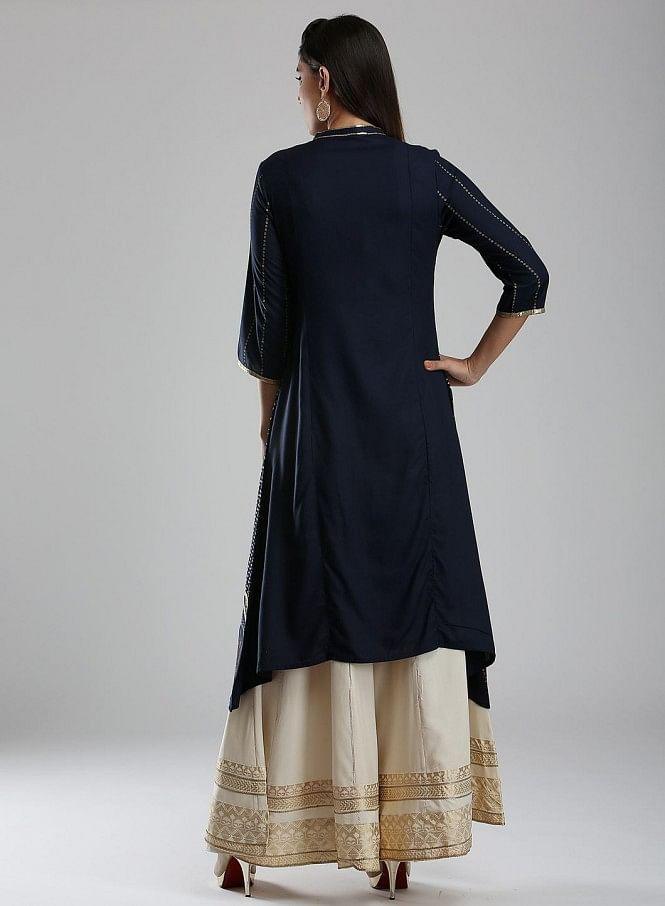 Blue Printed Mandarin Neck kurta - wforwoman