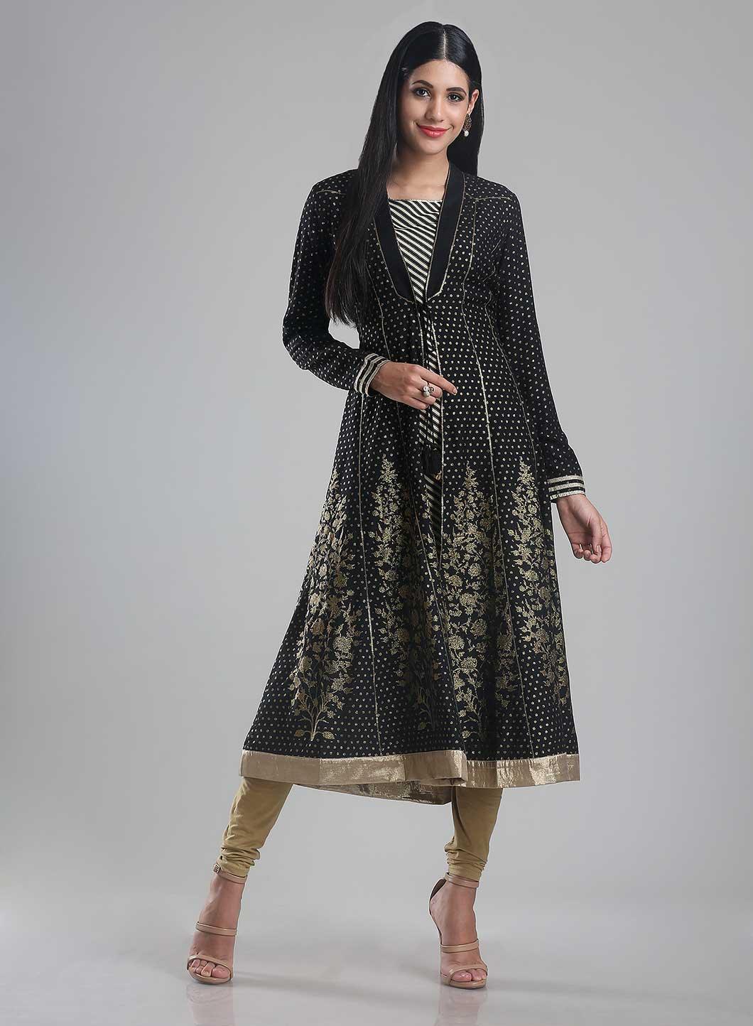 Black Printed Front Open kurta - wforwoman