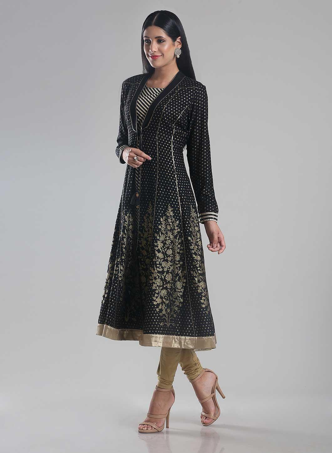 Black Printed Front Open kurta - wforwoman