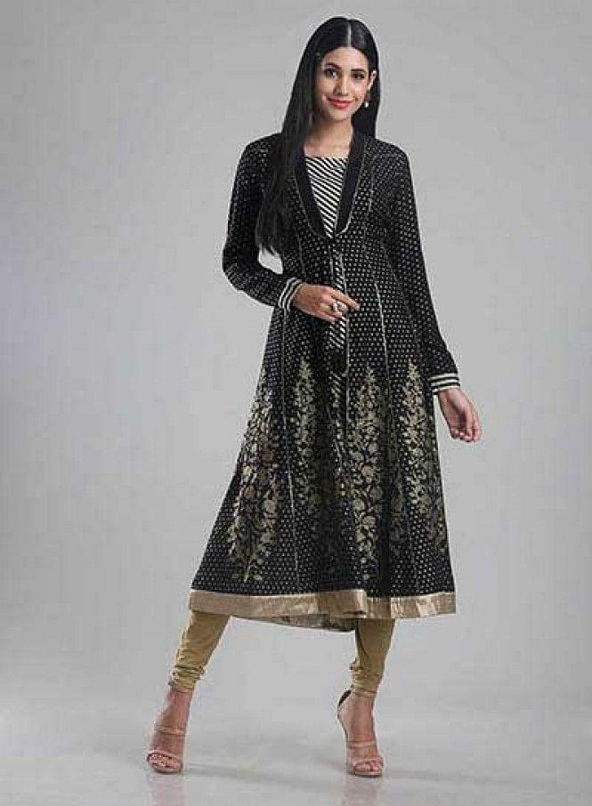 Black Printed Front Open kurta - wforwoman