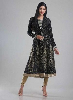 Black Printed Front Open kurta - wforwoman