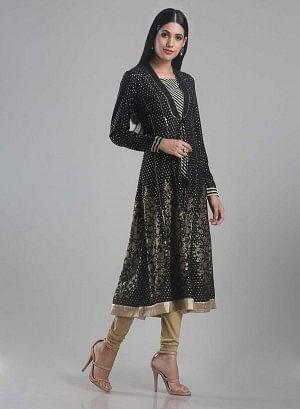 Black Printed Front Open kurta - wforwoman