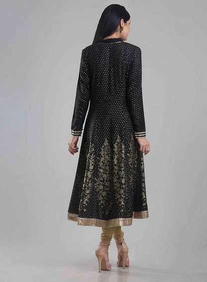 Black Printed Front Open kurta - wforwoman