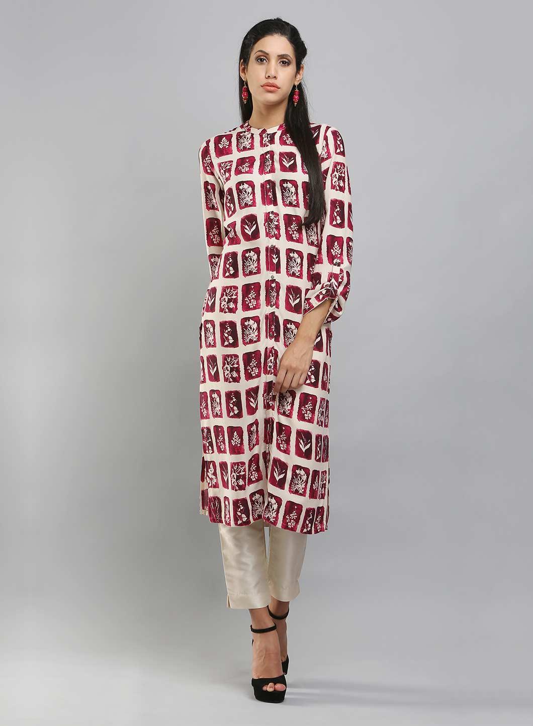 Off-White &amp; Purple Mandarin Neck Printed kurta - wforwoman