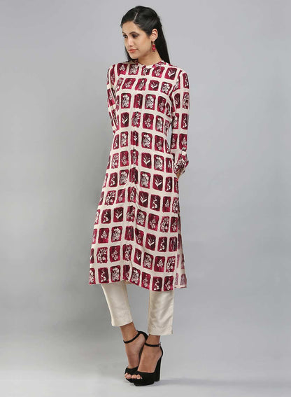 Off-White &amp; Purple Mandarin Neck Printed kurta - wforwoman