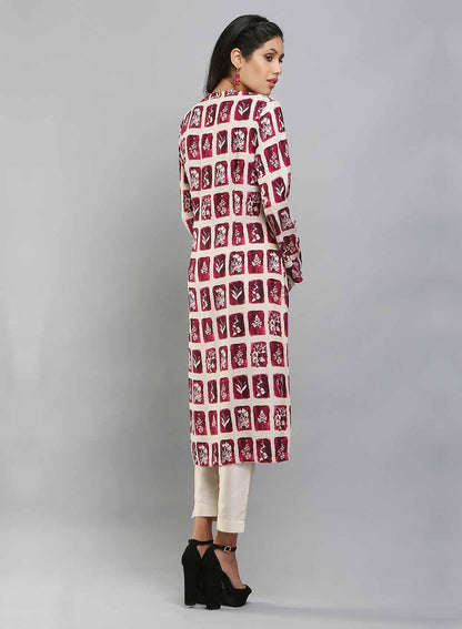 Off-White &amp; Purple Mandarin Neck Printed kurta - wforwoman