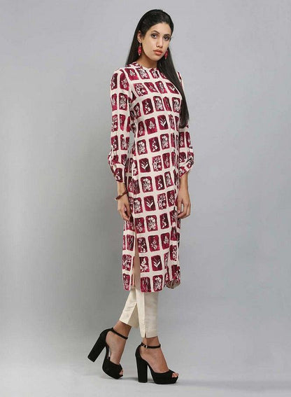 Off-White &amp; Purple Mandarin Neck Printed kurta - wforwoman