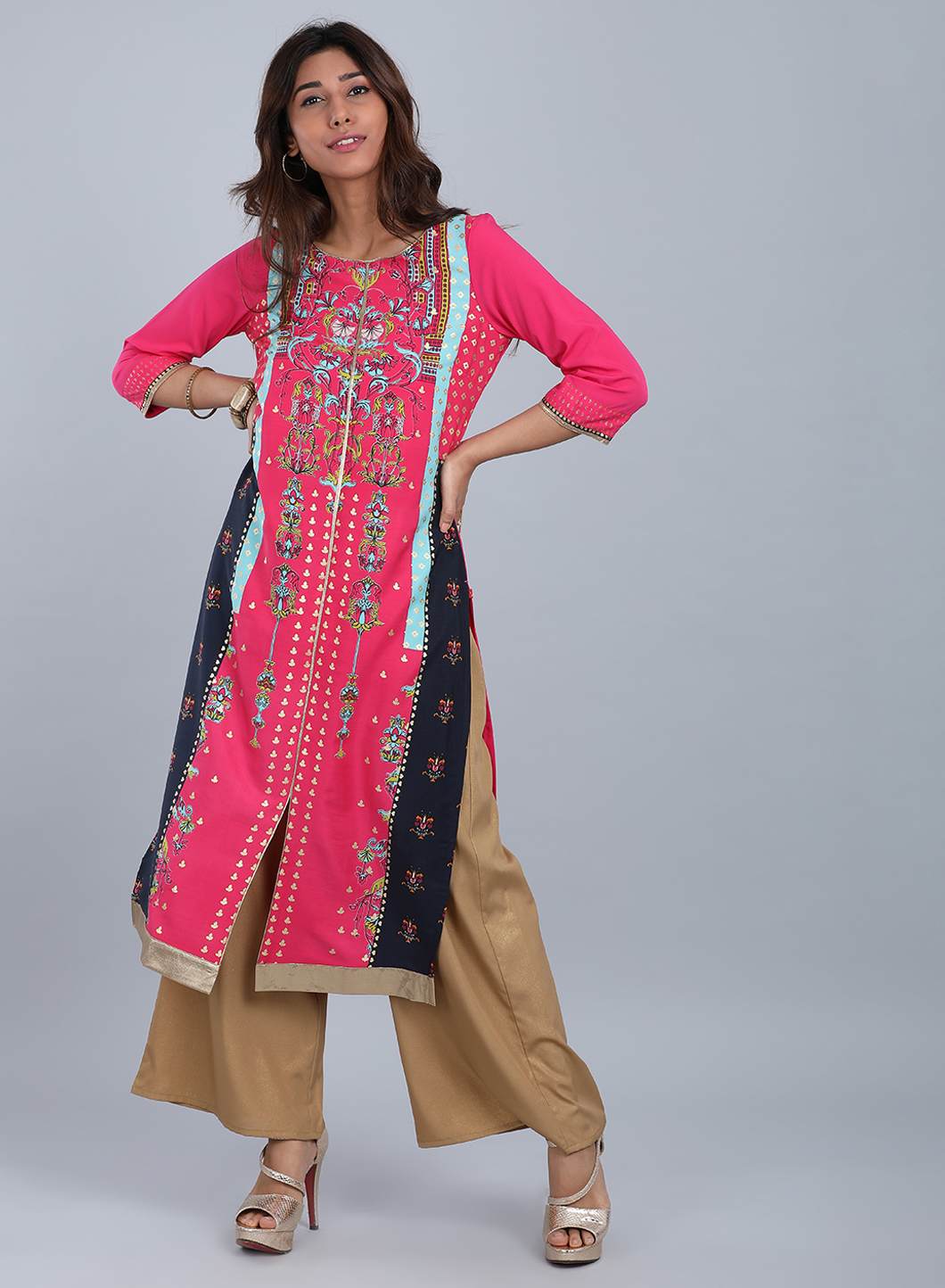 Pink Round Neck Printed kurta