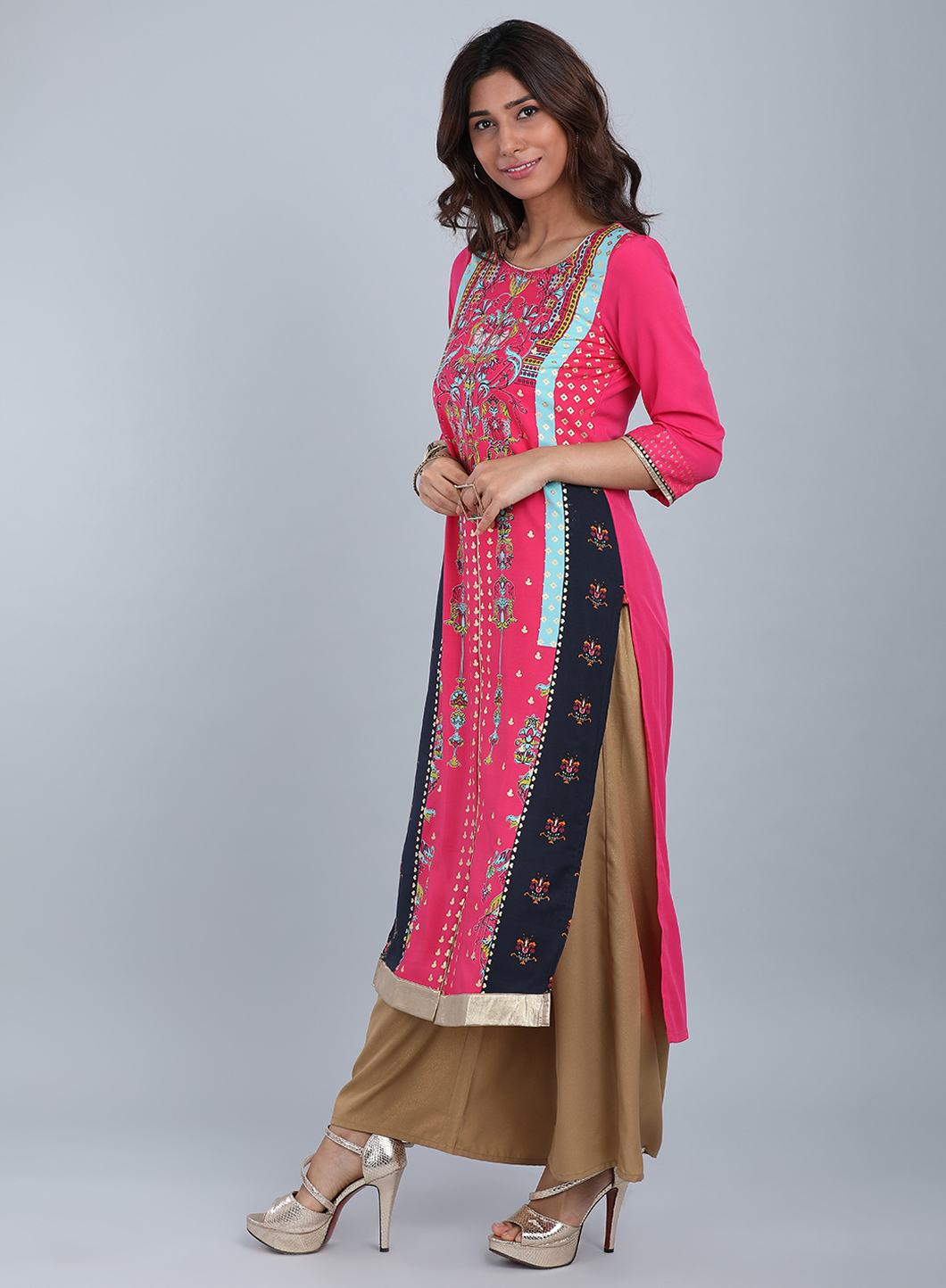 Pink Round Neck Printed kurta