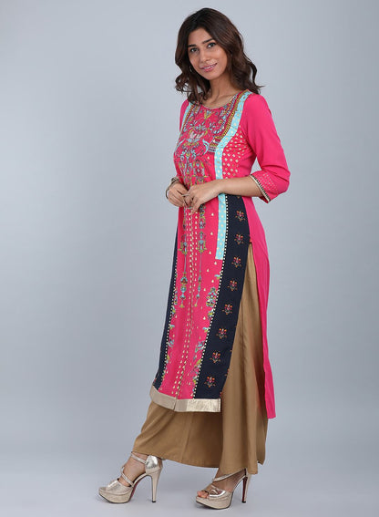 Pink Round Neck Printed kurta