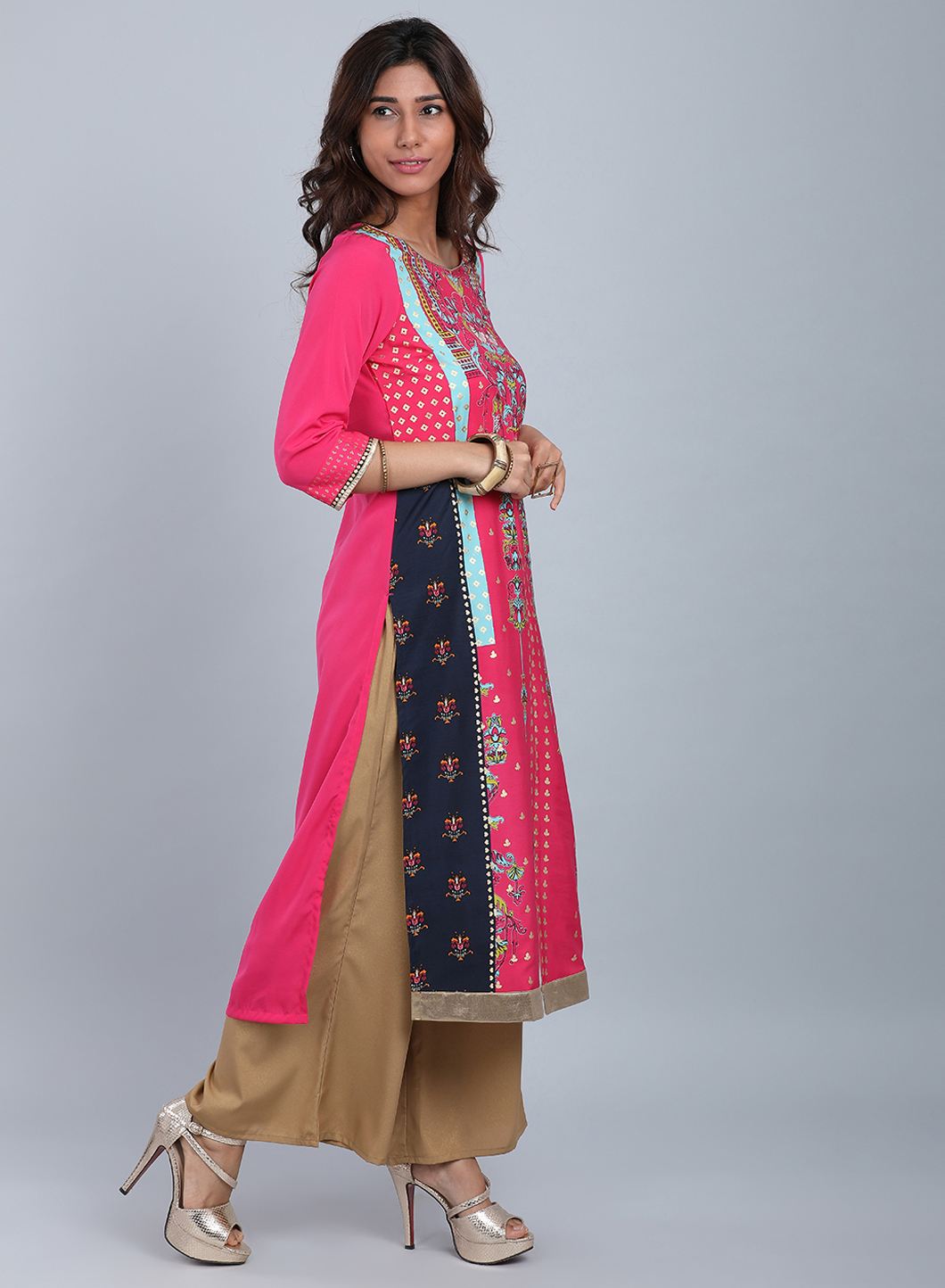 Pink Round Neck Printed kurta