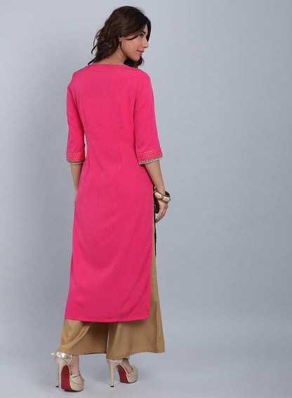 Pink Round Neck Printed kurta