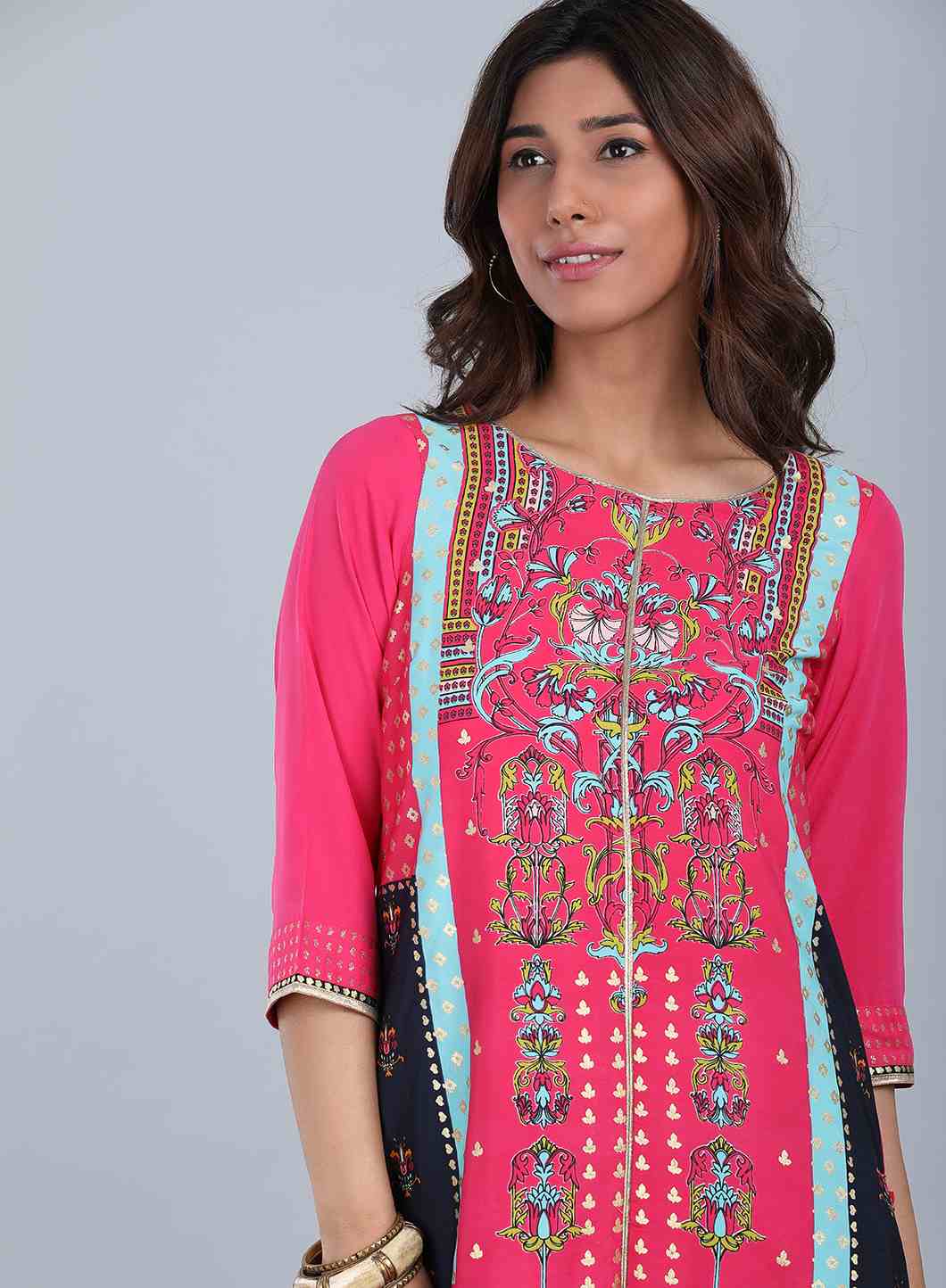 Pink Round Neck Printed kurta