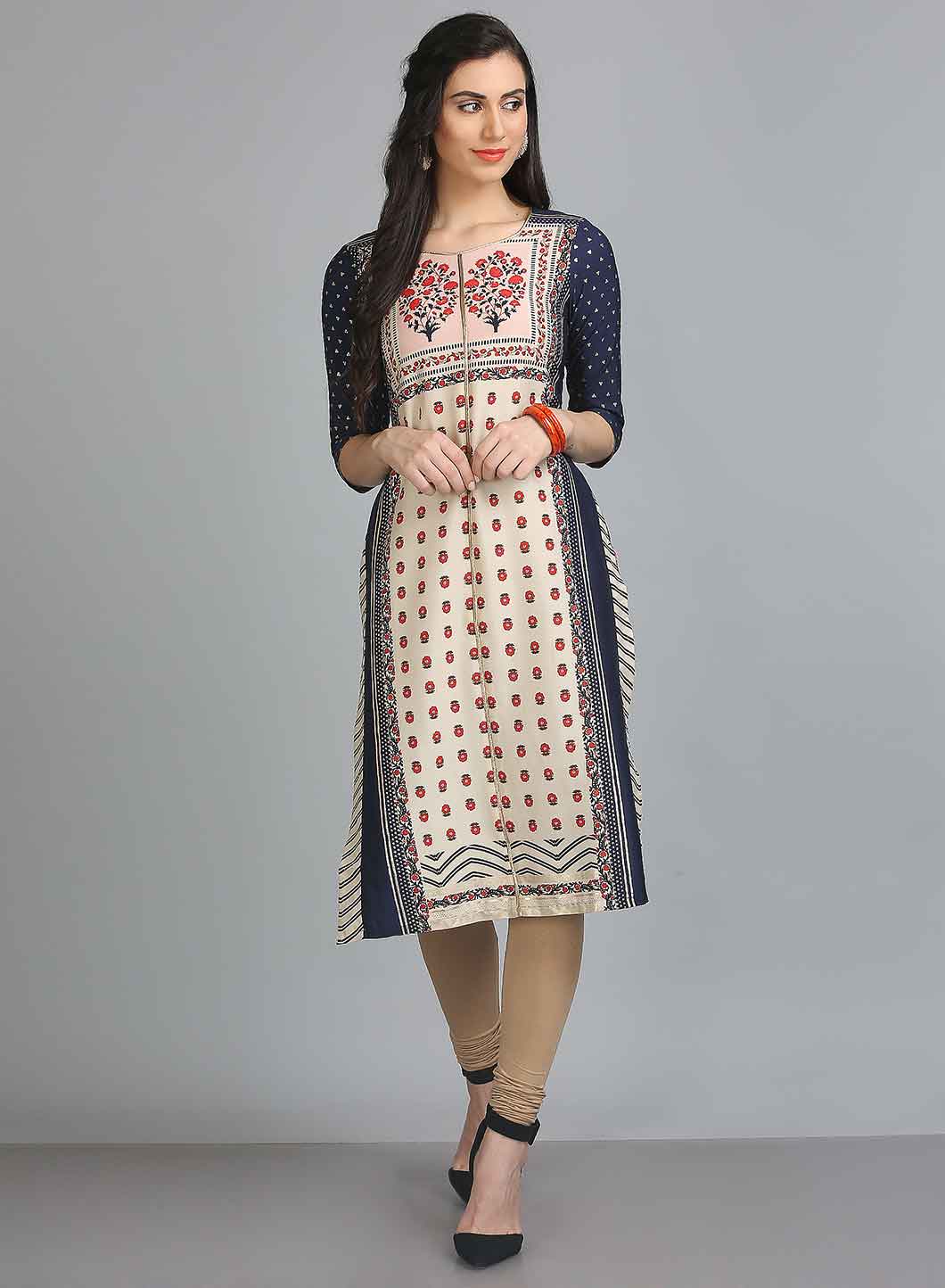 Blue Printed Round Neck kurta