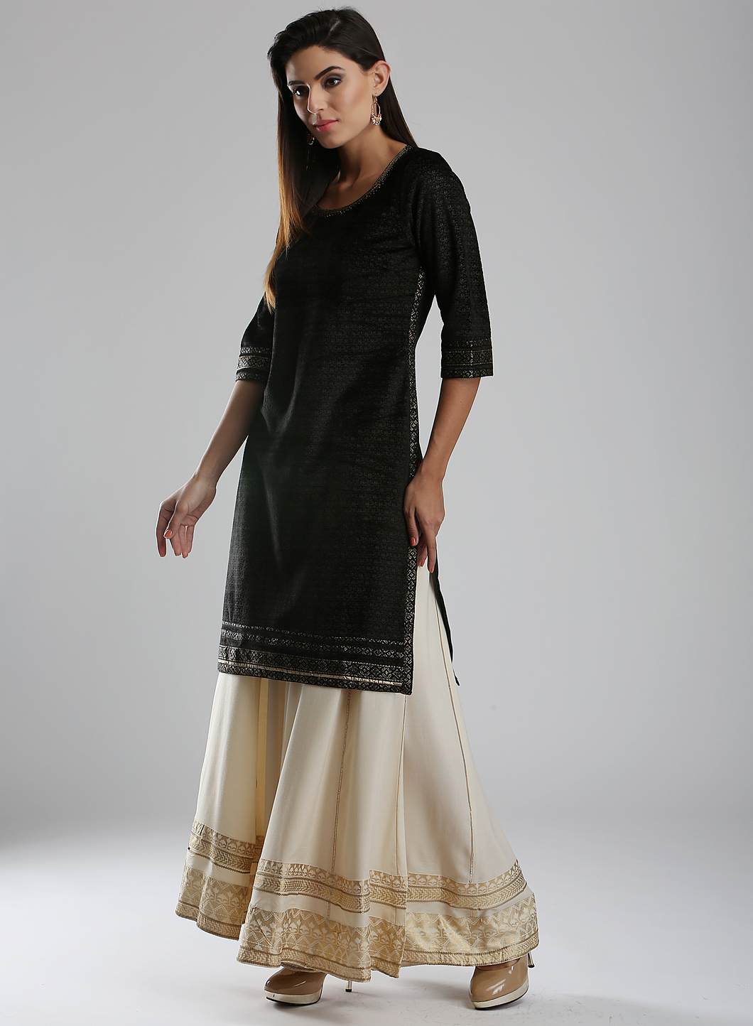 Black Printed Round Neck kurta