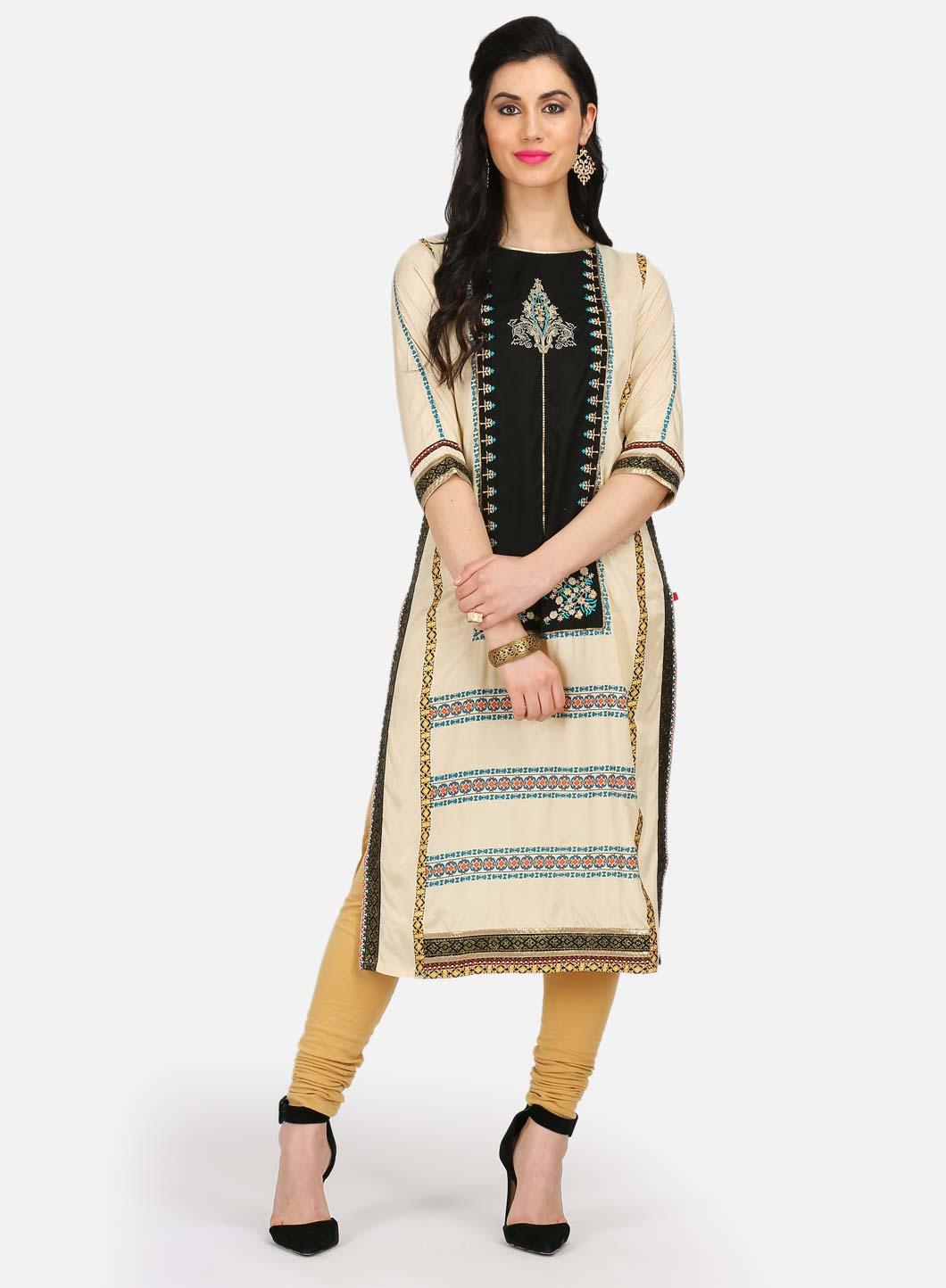 Cream Printed Round Neck kurta - wforwoman