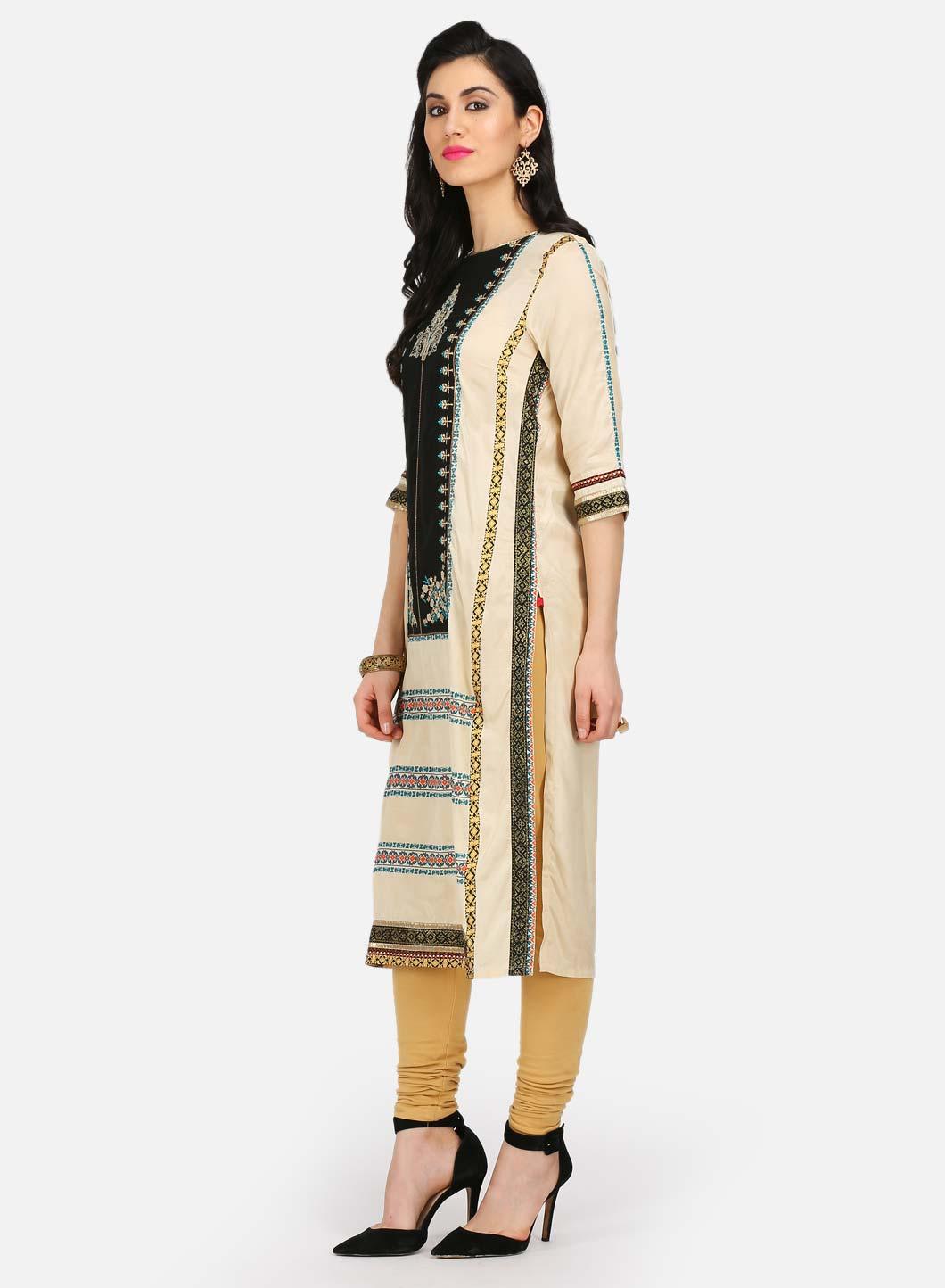 Cream Printed Round Neck kurta - wforwoman