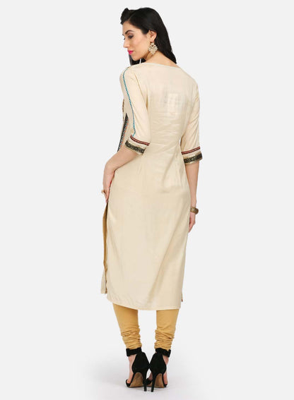 Cream Printed Round Neck kurta - wforwoman