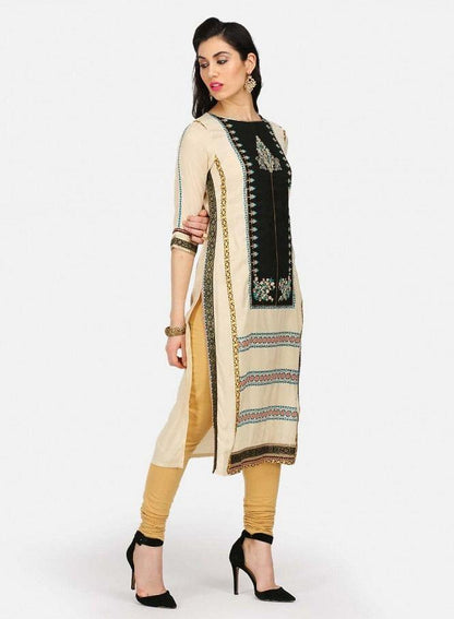 Cream Printed Round Neck kurta - wforwoman