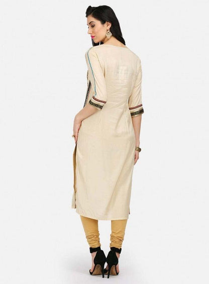 Cream Printed Round Neck kurta - wforwoman