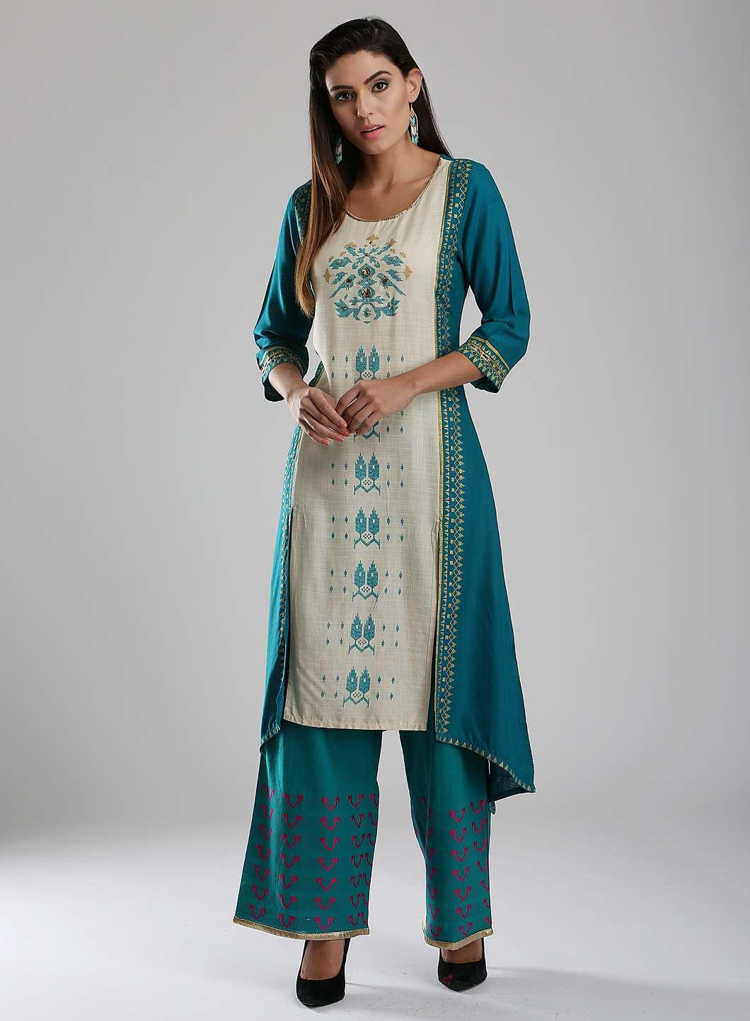 Blue Printed Round Neck kurta - wforwoman