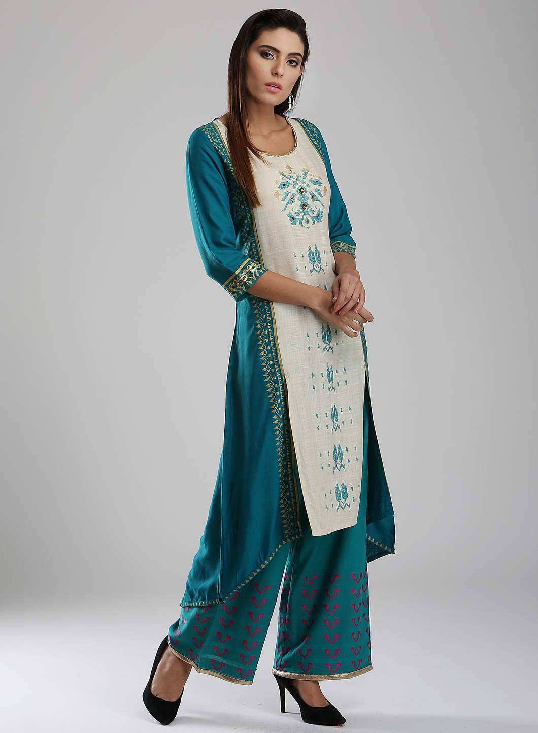 Blue Printed Round Neck kurta - wforwoman