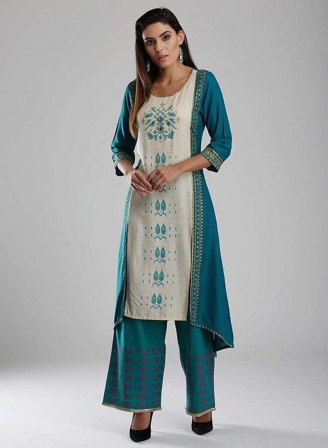 Blue Printed Round Neck kurta - wforwoman