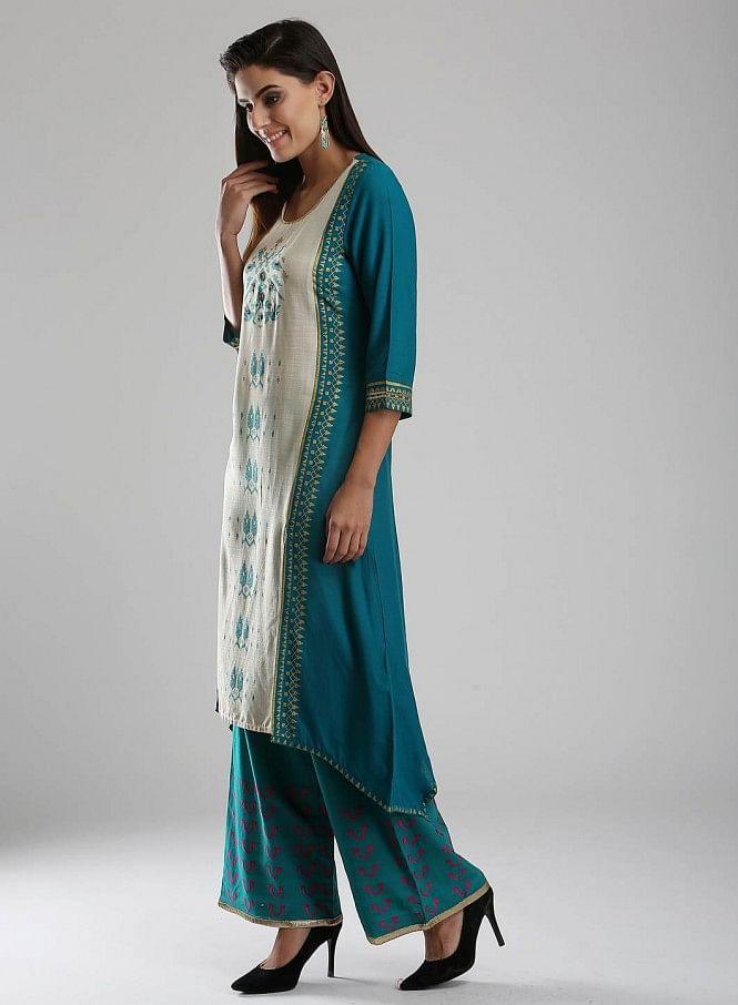 Blue Printed Round Neck kurta - wforwoman