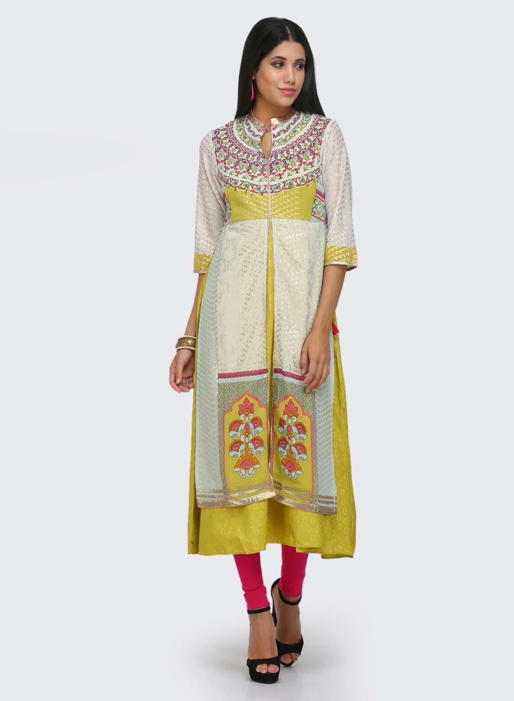 White &amp; Green Printed Mandarin Neck kurta