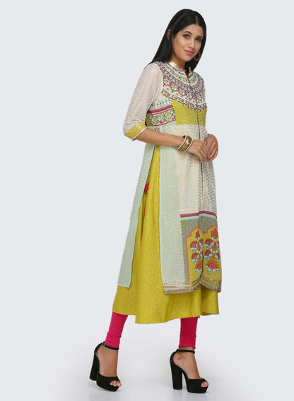 White &amp; Green Printed Mandarin Neck kurta