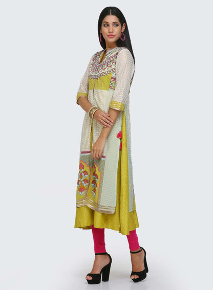 White &amp; Green Printed Mandarin Neck kurta