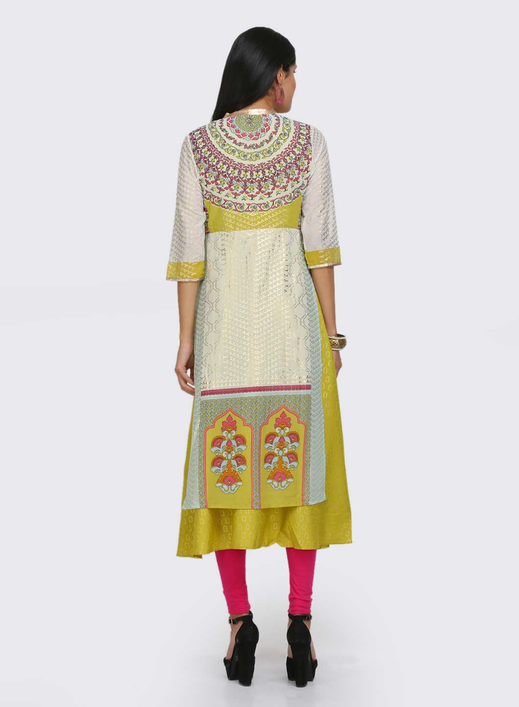 White &amp; Green Printed Mandarin Neck kurta