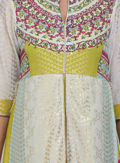 White &amp; Green Printed Mandarin Neck kurta