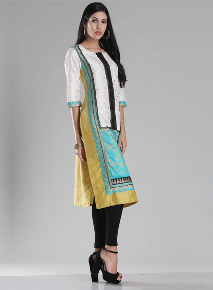 Gold Toned &amp; Off-White Printed kurta - wforwoman