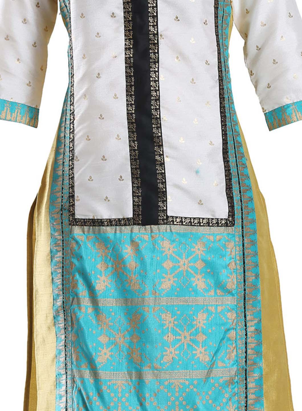 Gold Toned &amp; Off-White Printed kurta - wforwoman