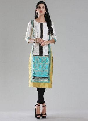 Gold Toned &amp; Off-White Printed kurta - wforwoman