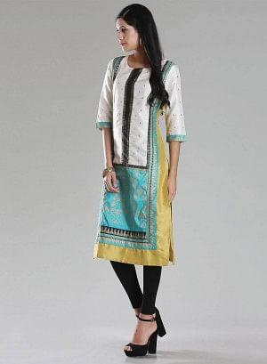 Gold Toned &amp; Off-White Printed kurta - wforwoman