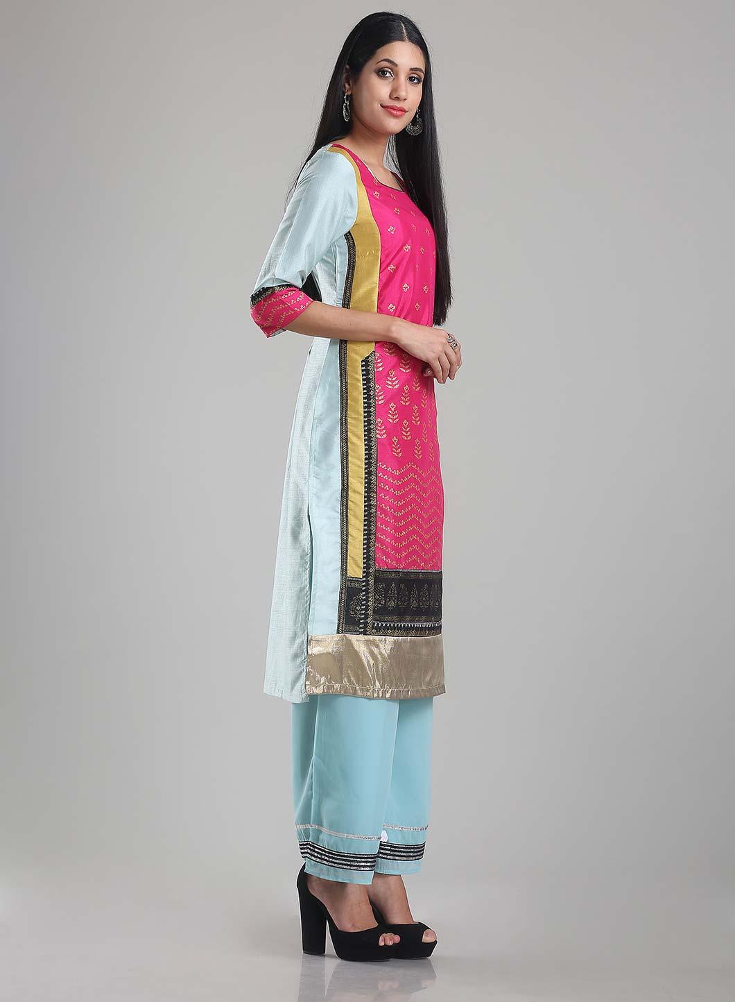 Pink &amp; Aqua Blue 3/4 Sleeve Printed kurta - wforwoman