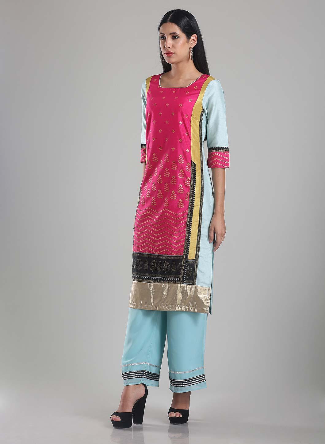 Pink &amp; Aqua Blue 3/4 Sleeve Printed kurta - wforwoman