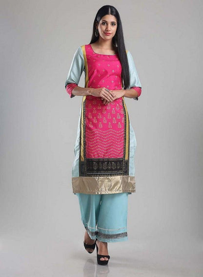 Pink &amp; Aqua Blue 3/4 Sleeve Printed kurta - wforwoman