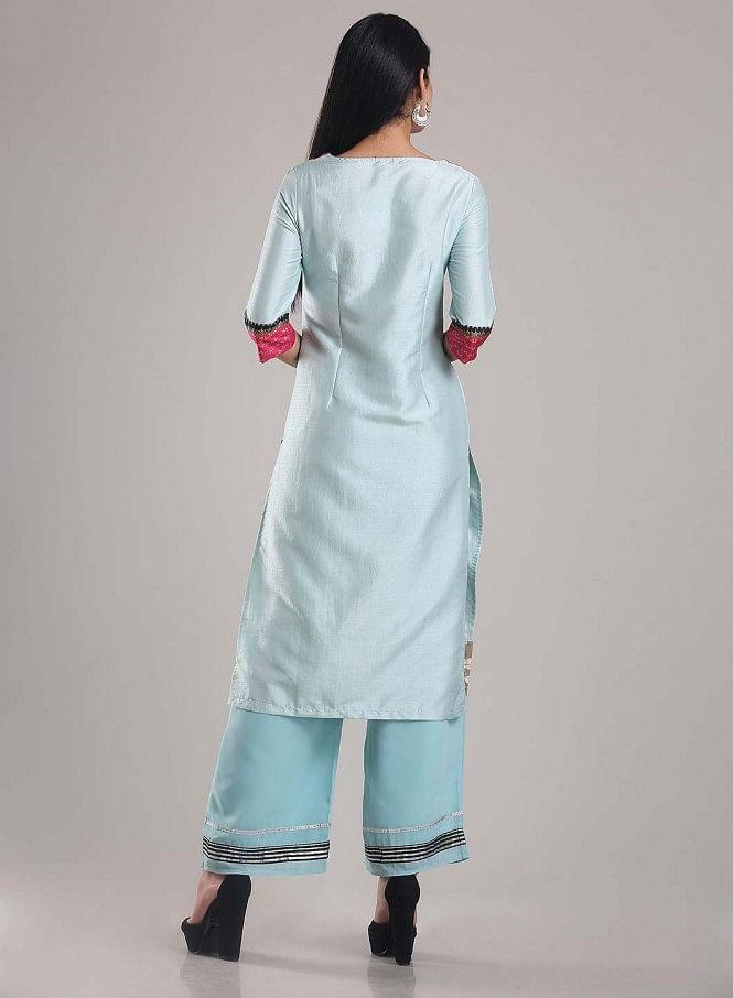 Pink &amp; Aqua Blue 3/4 Sleeve Printed kurta - wforwoman